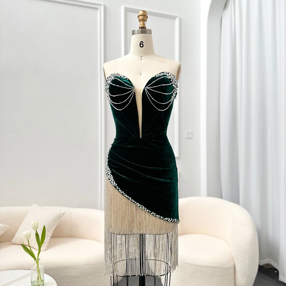 

Sharon Said Elegant Strapless Green velvet Cut-out Short Prom Dress with Tassel Crystal Evening Party Gowns RM49 Customized