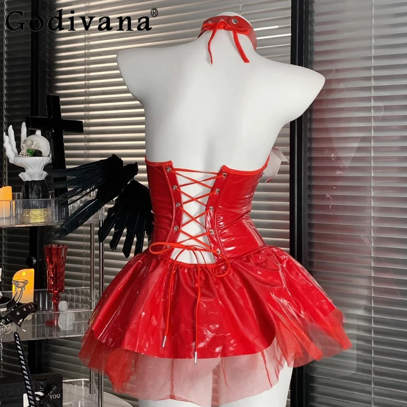 Сексуальная глянцевая ночная рубашка с кожаным ремешком, женская ночная рубашка с открытой шеей и суккусом, перспективное платье для косплея, женское вечернее платье на Хэллоуин