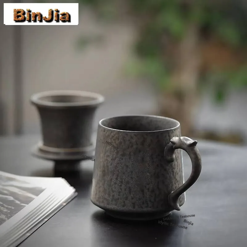 

330ml Handmade Gilded Iron Rust Glazed Ceramic Teacup Dragon Handle Office Water Cup Coarse Pottery Filter Tea Separator Cup Cha
