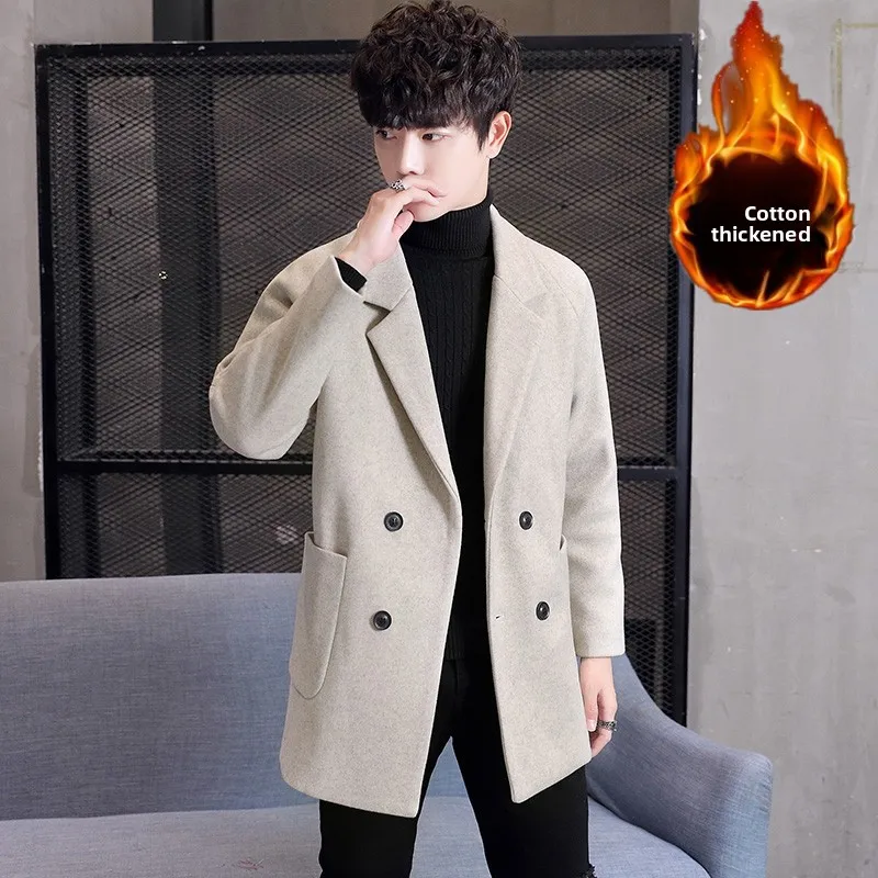 

Korean Sle Thiened Woolen Coat Men's Autumn Winter New Commute Jaet Stand Fit Medium Length Double Breasted Coat