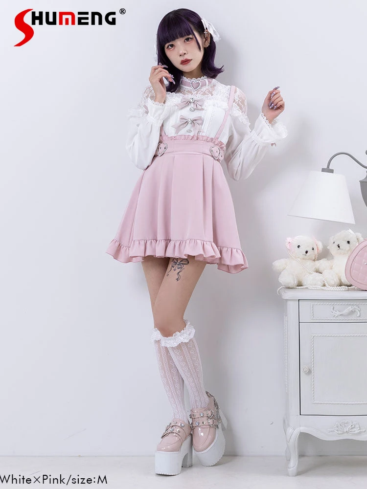 

Japanese Mine Style Sweet Cute Lace Stitching Hollow Diamond Love Heart Bow Off-Shoulder Long Sleeve Lolita Shirt Blouse Women