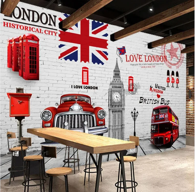 3D Wallpaper Retro European Building Red Telephone Stall Bus Photo  Mural KTV Bar Restaurant Backdrop  Brick  Papers