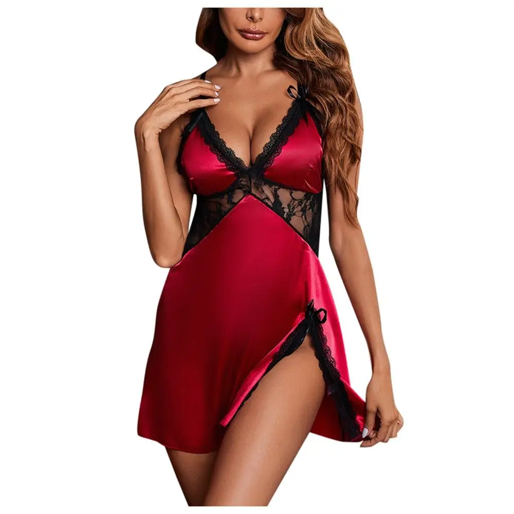 

Women Lace Silk Satin Night Dress Nighties V-Neck Nightgowns Mesh Patchwork Sleepwear Sleeping Dress Women Nightwear