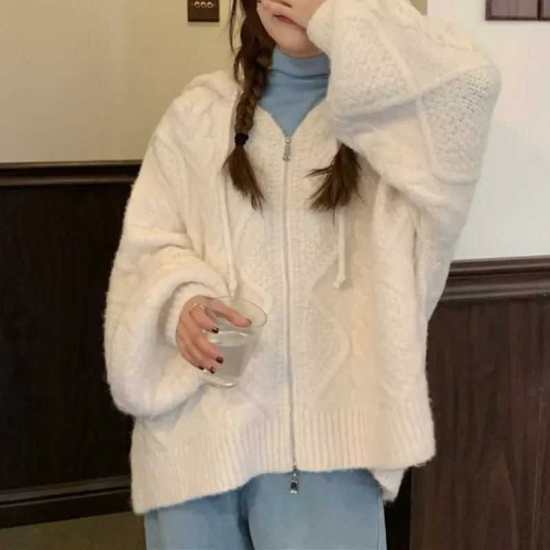 

Women Winter Chic Sweater Coat Oversize Cardigan Jacket Autumn Twist Casual Long Lantern Sleeve Hooded Knitted Zipper Outwear