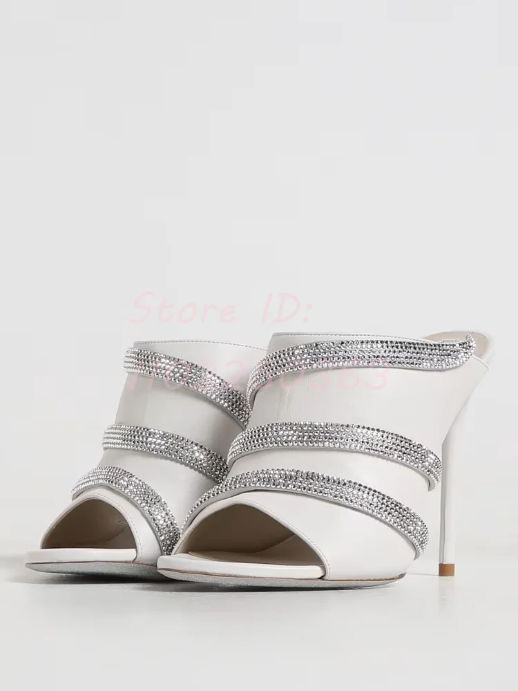 

White Sexy Rhinestones High Heels Sandals Open Toe Slip-on Leather Stilettos Slippers Wingding Straps 2024 Women Dress Pumps