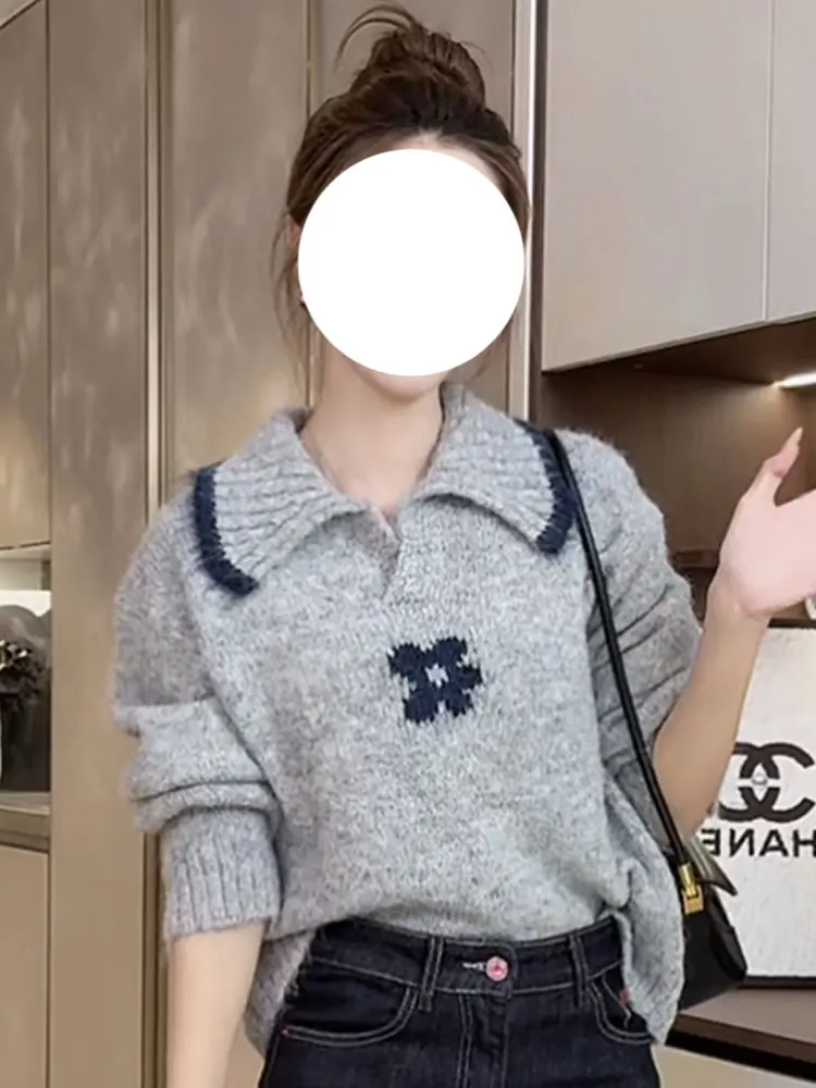 

Осень-зима, красивый цветной трикотаж с воротником и цветком, женский свитер с воротником, нежный модный топ для снижения возраста