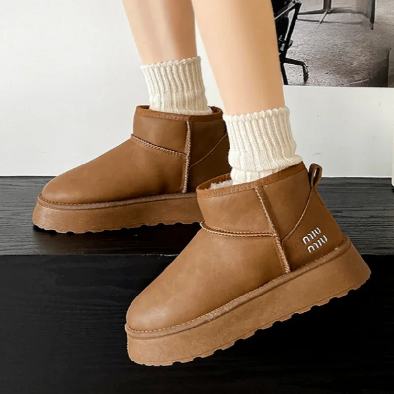 New Winter Comfort Solid Color Mid-heel Women's Shoes Round Head Increase Simple Warm and Fleece Sleeve Flat Snow Boots