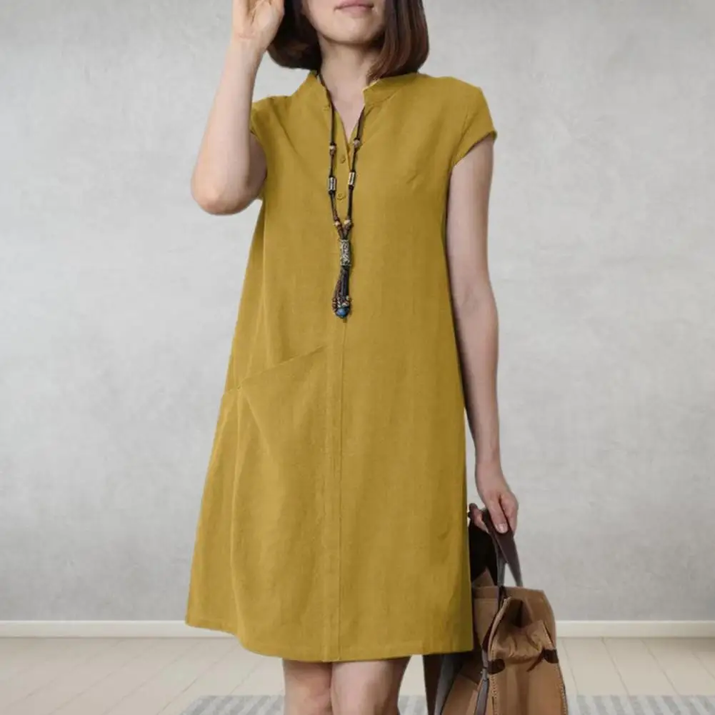 

Women V-neck Dress Solid Color Casual Dress Stylish Women's V Neck Summer Dress with Buttoned Stand Collar Short for Commute