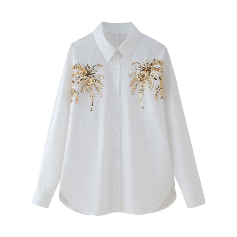 

2024 Women's Lapel Cardigan with Floral Sequins Embellished Long Sleeved Loose Shirt