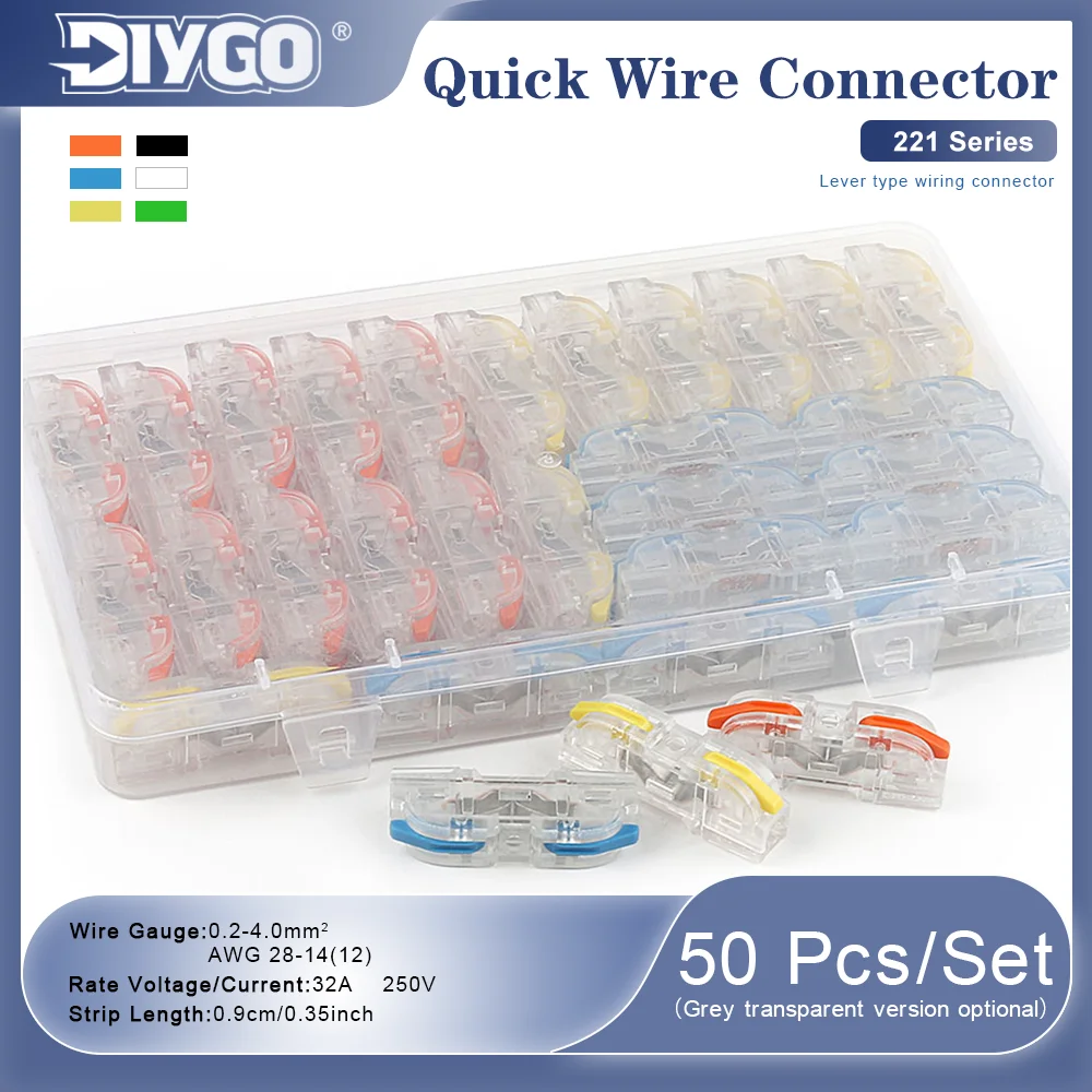 

50Pcs/Set Boxed 221 Series Lever Wire Connectors AWG28-12 32A 250V Quick Splice Electrical Terminal Block For Home Wiring