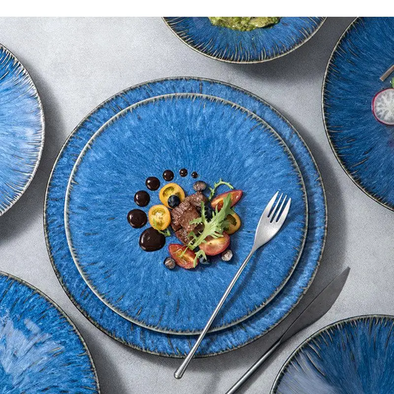 

Nordic Blue Ceramic Dinner Plate Restaurant Pasta Steak Plates Home Fruit Salad Bowl Cake Dessert Kitchen Utensils