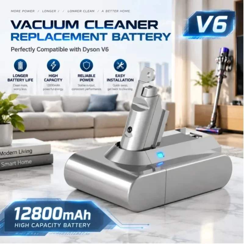 12800-mAh-Ersatzakku, kompatibel mit dem kabellosen Dyson V6-Staubsauger, wiederaufladbarer Akku mit hoher Kapazität, einfache Installation, lange Akkulaufzeit.