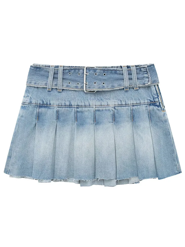 TRAF 2023 summer new women's fashion A-line high waist with belt denim mini skirt retro washed blue hot girl pleated skirt