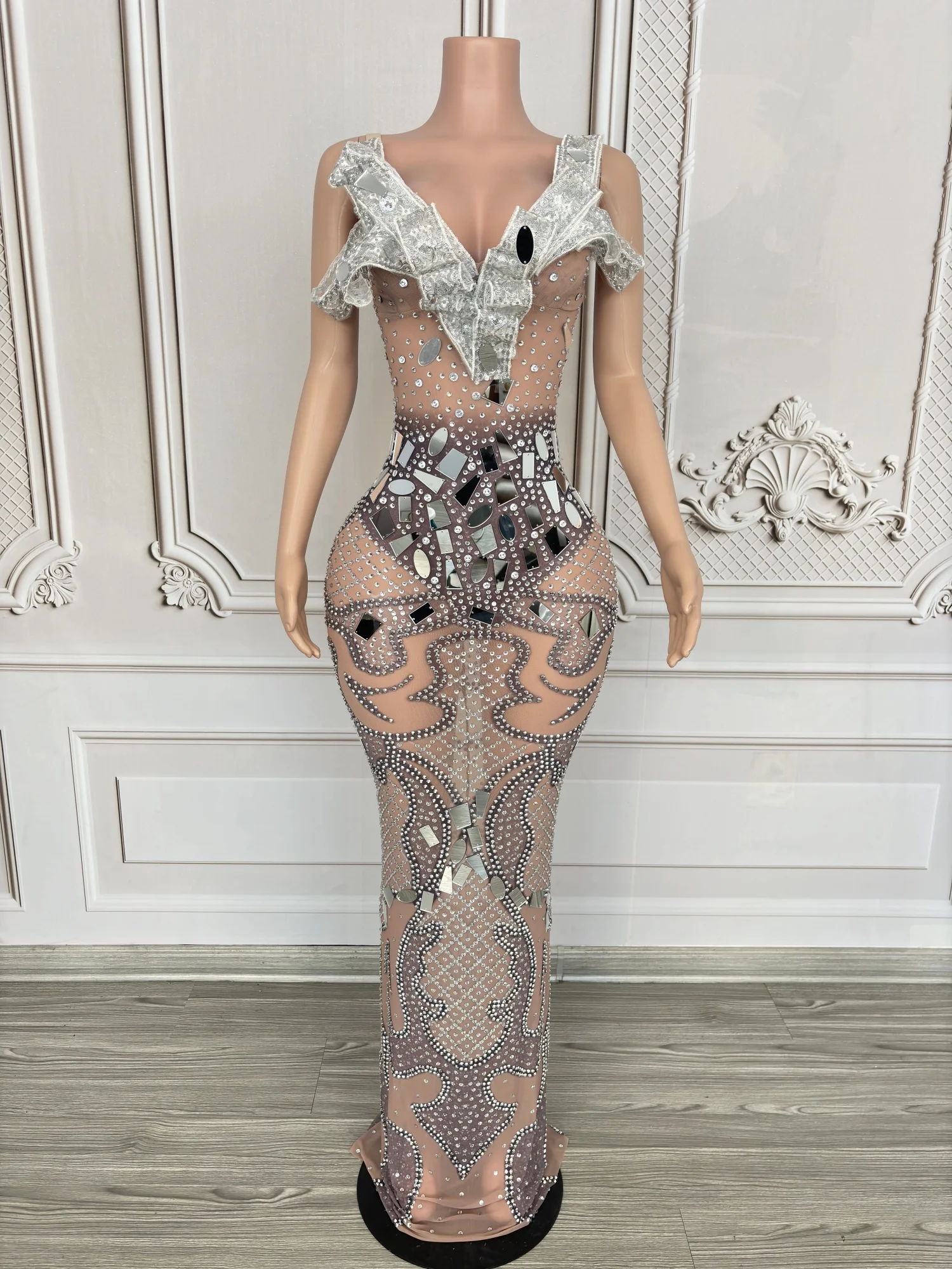 Shengdanjie Womens Luxury Silver Mirror Rhinestone Sheer Mesh Maxi Dress Ruffle V Neck Bodycon Formal Evening Party Prom Gown