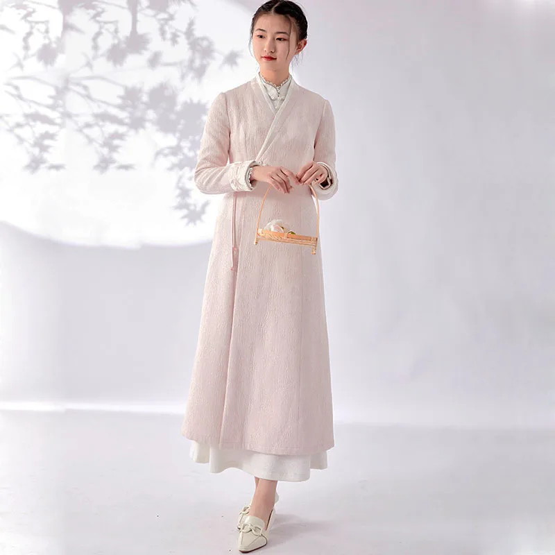 High-End Satin Jacquard Improved Hanfu Collar Tang Style Long Coat Women's Trim Waist Plus Cashmere Trench Coat Autumn Winter