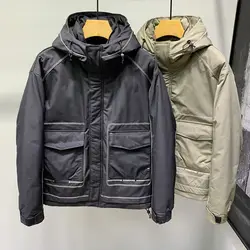 Down Jacket Winter Warm Men Clothing Hooded Down Coat Big Pocket Bomber Jacket Windproof Jacket Zip Long Sleeve Brand Outerwear