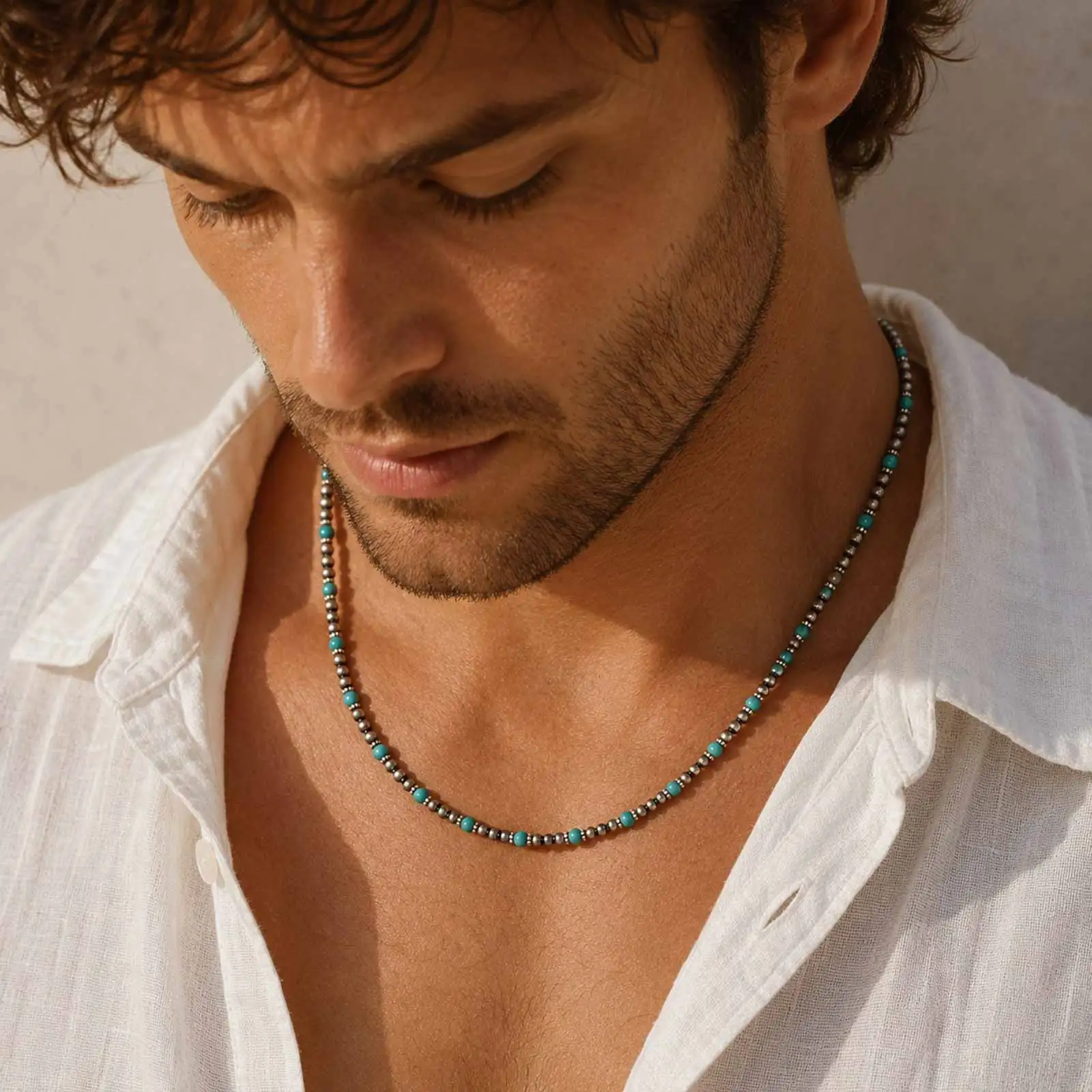 Vnox Men's Turquoise Beaded Necklace, Bohemian Style Adjustable Chain, Punk Hip Hop Birthday Party Jewelry Gift Present for Him - view 2