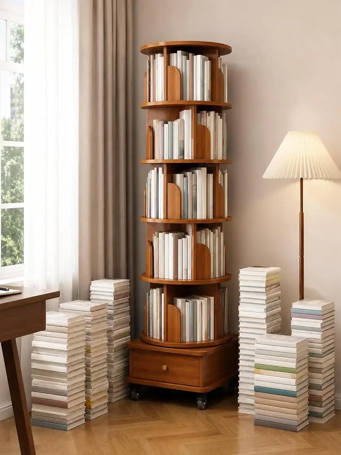 6 Tier Rotating Bookshelf with Cabinet On Wheel, 360° Display Spinning Corner Book Shelf Tower, Narrow Tall Bookshelves, Small R