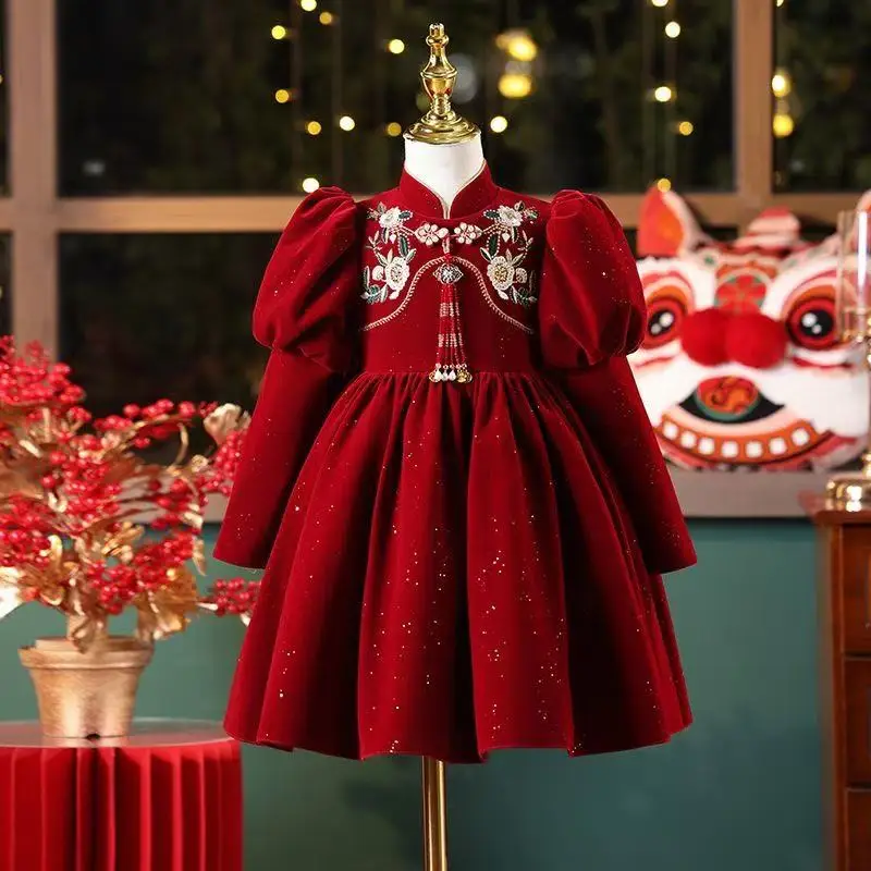 

Girls' Autumn/Winter Princess Dress 2025 New Mid sized Children's New Chinese Red One Year Old Dress for Baby Girls