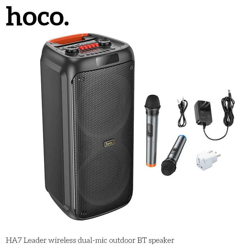 Hoco Ha7 Draadloze Dual-Microfoon Outdoor Pull Bt Grote Speaker Us/Eu Ondersteuning Fm Tf Card Aux Tws Modi Stereo Hoge Kwaliteit