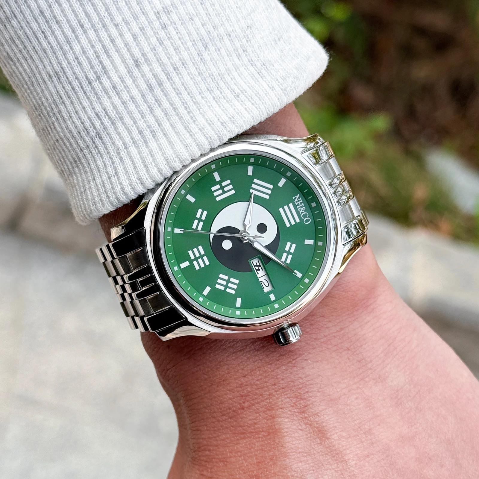 NH&CO Men's Mechanical Watch Unique Tai Chi Green Dial 316L Stainless Steel Waterproof Automatic Movement Designer Watch