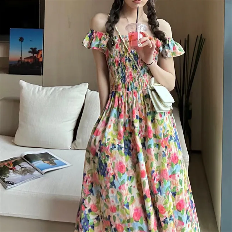 Summer Cotton Women Flying sleeve Sweet Floral Print Lovely Elegant Dress Slim Slash Neck Elastic Waist Dress Vintage Vestidos