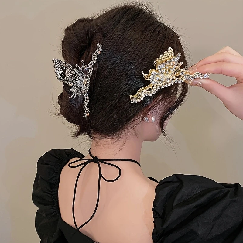 1pc zinc alloy rhinestone temperament butterfly hair ornament, elegant high-end headdress, simple and light luxury grab clip, su