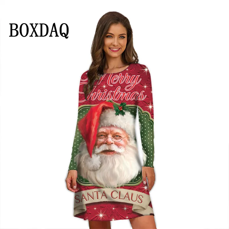 New Year 2024 Winter Christmas Dress 3D Santa Claus Print Women Long Sleeve Dress Casual Festival Party Loose Plus Size Dresses