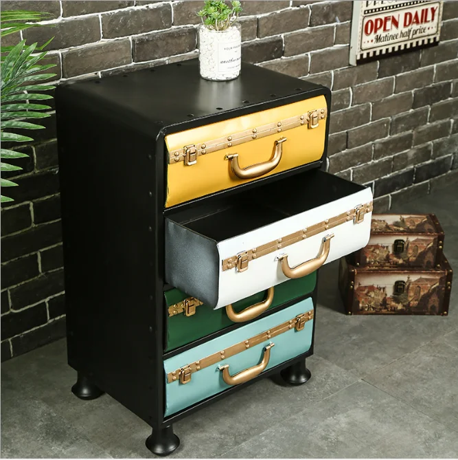 Vintage metal drawer furniture is used to organize items in the living room for home decor