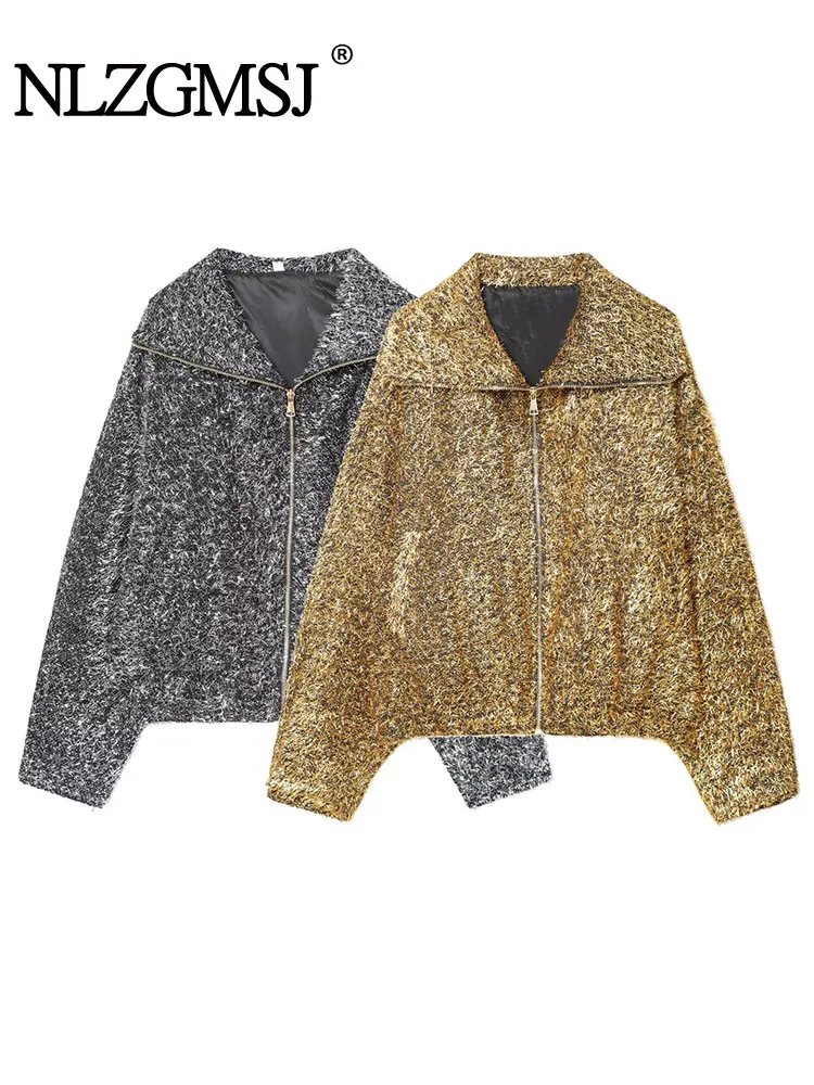 

Nlzgmsj 2025 Autumn Winter Women Shiny Jacket Turndown Collar Long Sleeve Short Coat Ladies Y2k High Streetwear