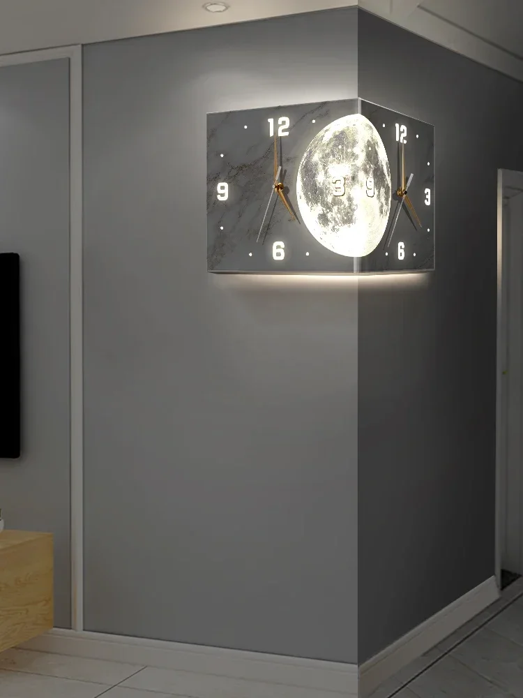 new living room corner double-sided luminous creative clock wall lamp moon sun angle wall clock no punch corner clock