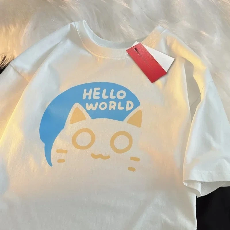 Hello World Summer Trendy Loose Short Sleeved T-shirt Women's Code Confession Fun Couple Half Sleeve Graphic T Shirts Streetwear