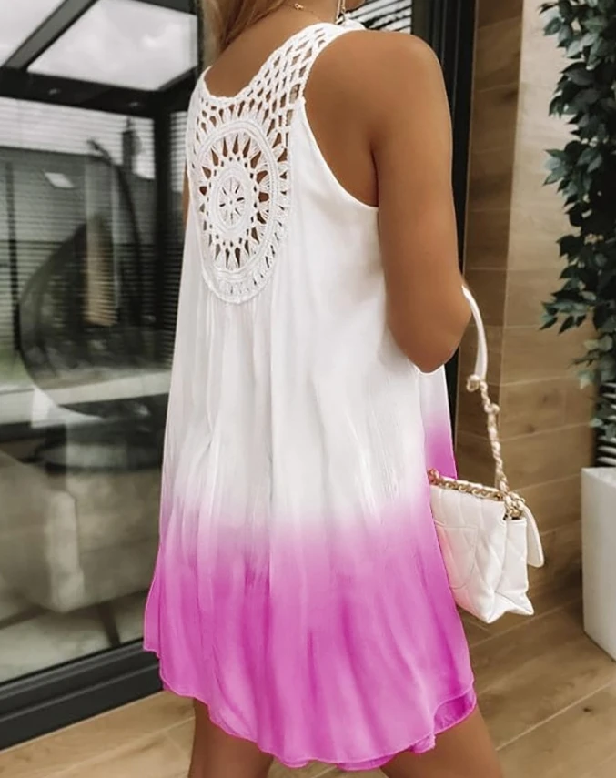 Vestido corto holgado sin mangas para mujer, minivestido con estampado Tie Dye degradado, encaje de croché con agujeros en la espalda, para playa, verano 2024