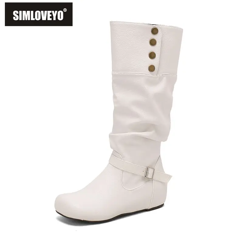 

SIMLOVEYO 2025 Винтажные женские ботинки до середины икры с круглым носком на танкетке 3,5 см, без шнуровки, с пряжкой и заклепками, большие размеры 48 49 50, повседневные