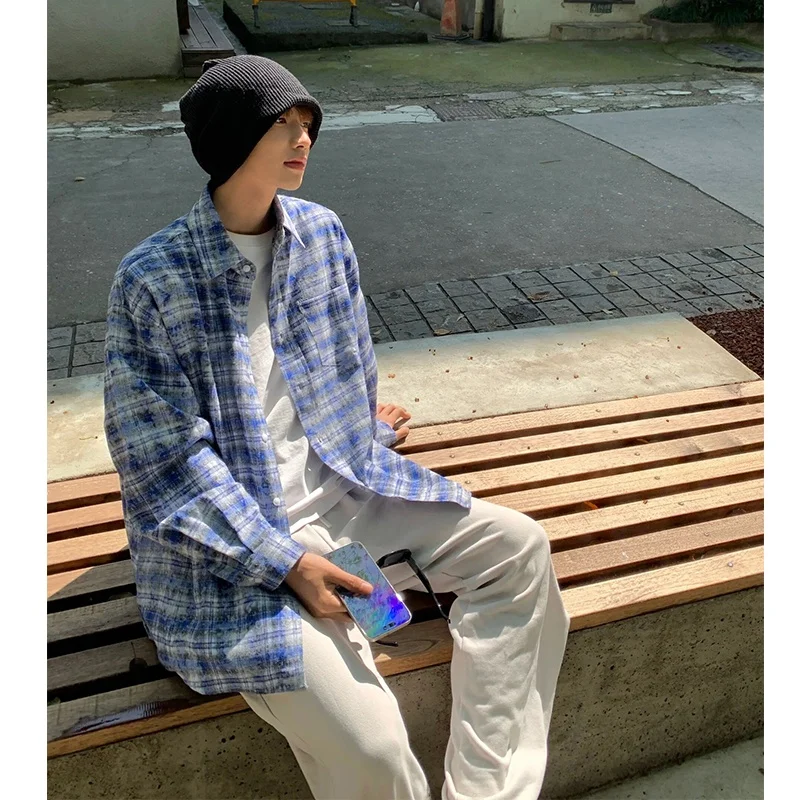 

Vintage Plaid Long Sve Men's irt Summer Japanese Sle Dyeing Sun Protection Loose Fit Polyester Fiber Youth Faion