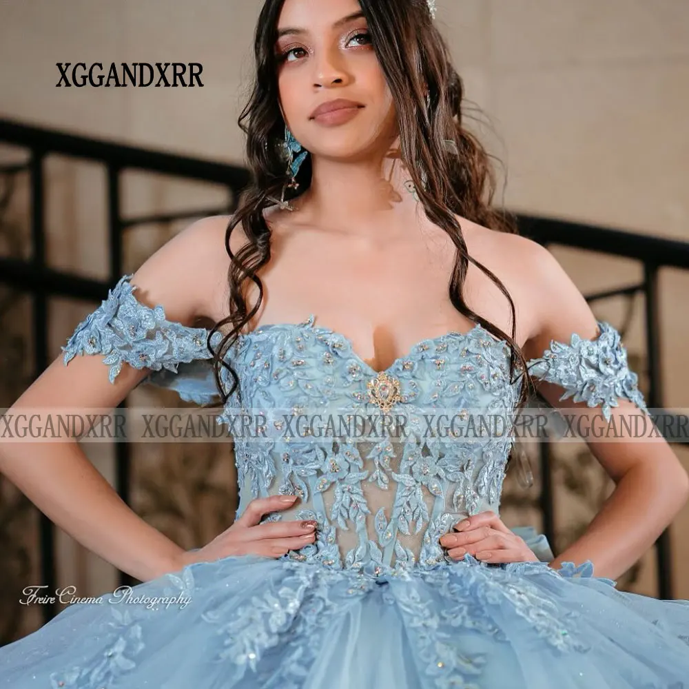 Elegant Blue Quinceanera Dresses 2024 Bow Vestido De 15 Años Sweet 16 Off Shoulder Lace Applique Beading XV Birthday Prom Party