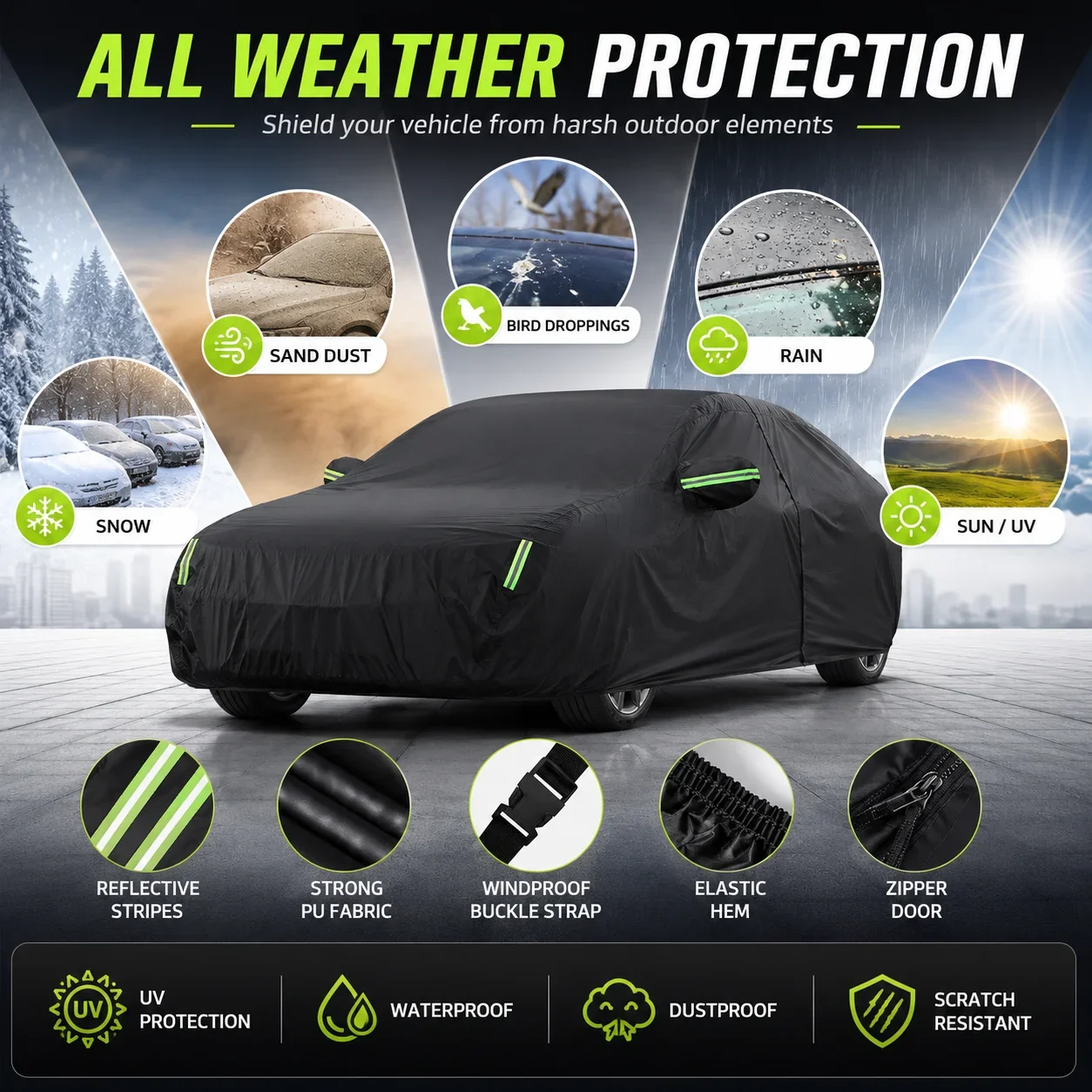 For Citroen C4 Cactus Waterproof Full Car Cover Side Door Zipper Reflective Strips Windproof Buckle All-Weather Protection