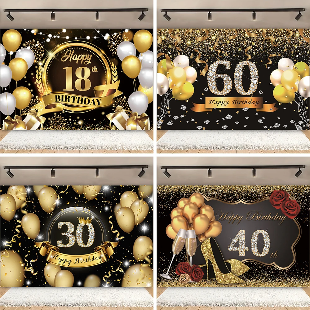 18th 30th 60th Happy Birthday Woman Decoration Background Adults Glitter Gold Balloon Photo Studio Custom Background Banner