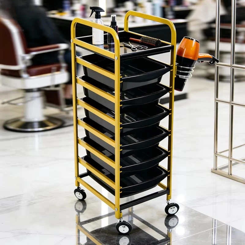 Golden Barber Cart Iron Frame with 6 Double Drawer Salon Cart