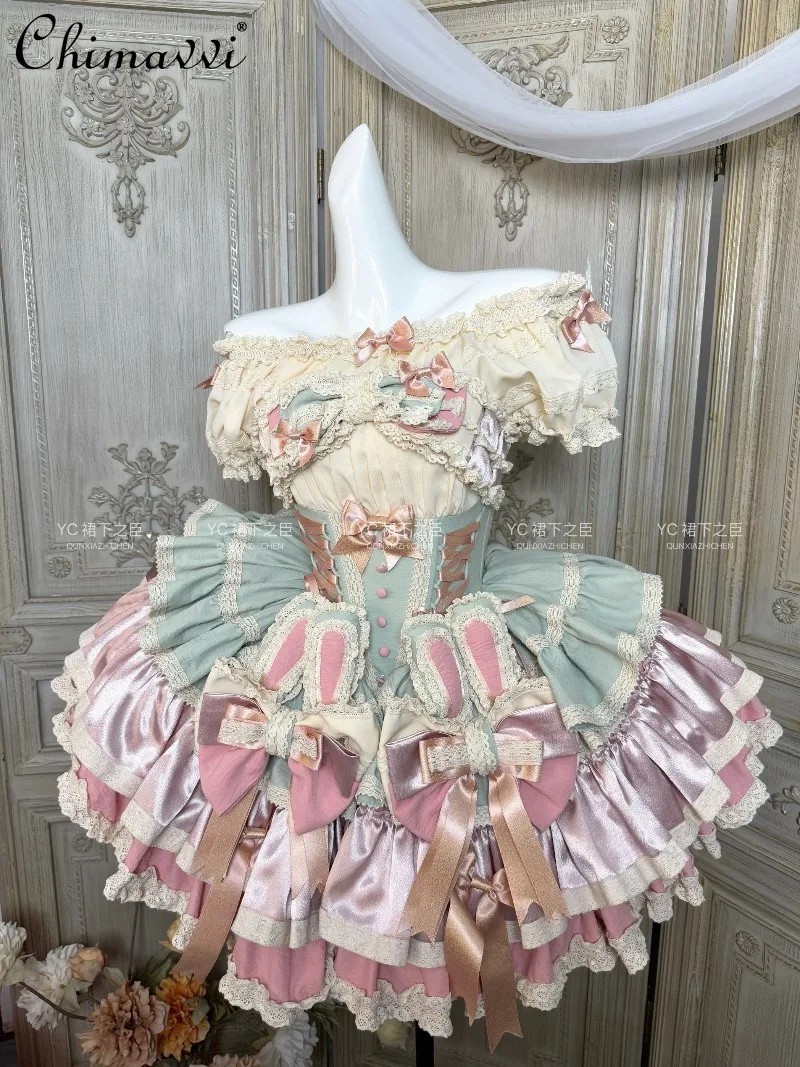 

Sweet Satin Ribbon Ballroom Milk Green Birthday Party Dress New Spring/Summer Cute Bowknot Girl's Elegant Princess Lolita Dress