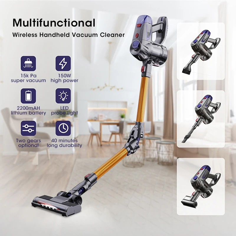 15kPa Folding Wireless Vacuum Cleaner Handheld Powerful Suction LED Light 35min Use Home Floor Cleaner Mite Removal