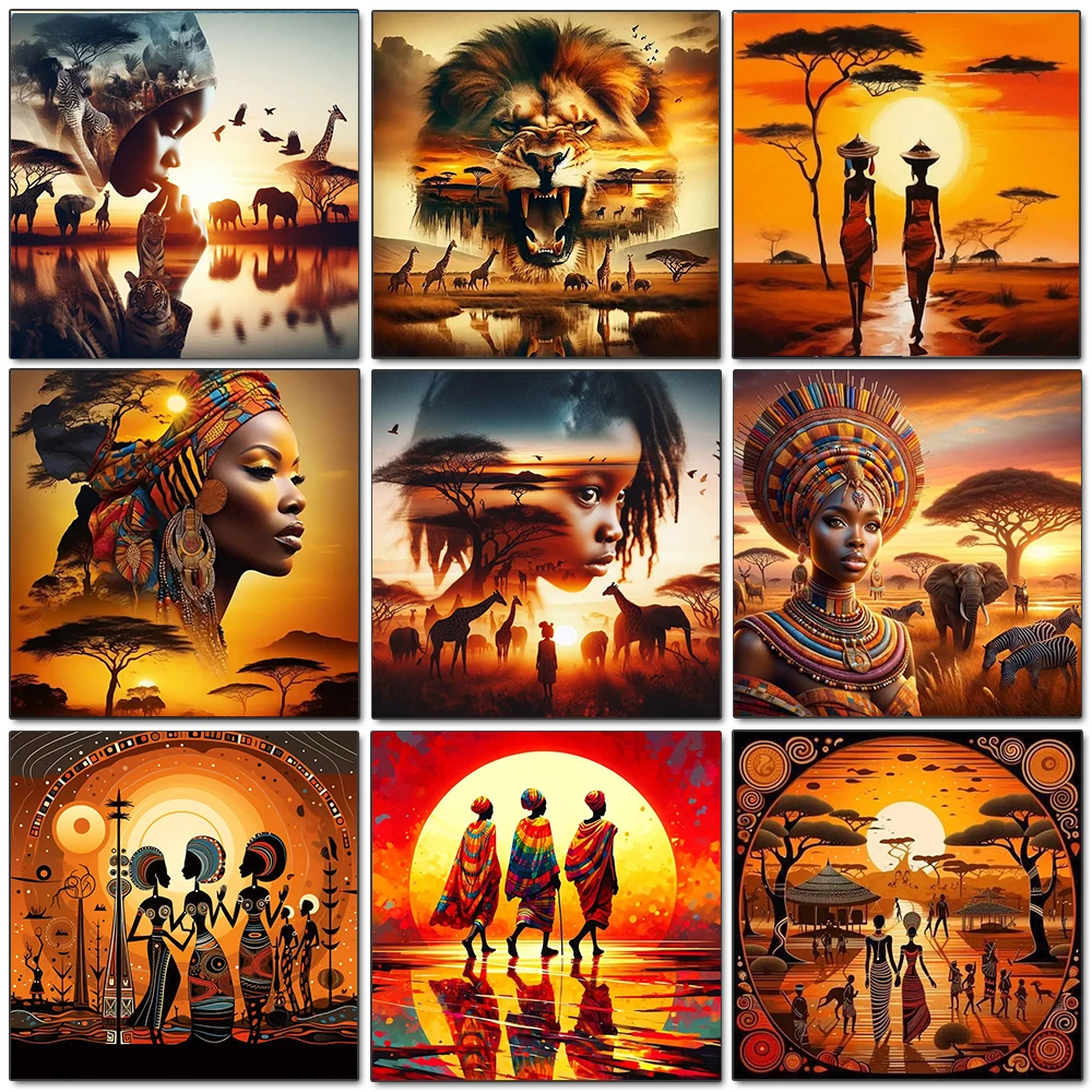 Afrikanische Kunst Löwenfrau Silhouette Sonnenuntergang Diamantmalerei 5D Vollbohrer Stammeslandschaft DIY Mosaik Stickerei Heimdeko Geschenk