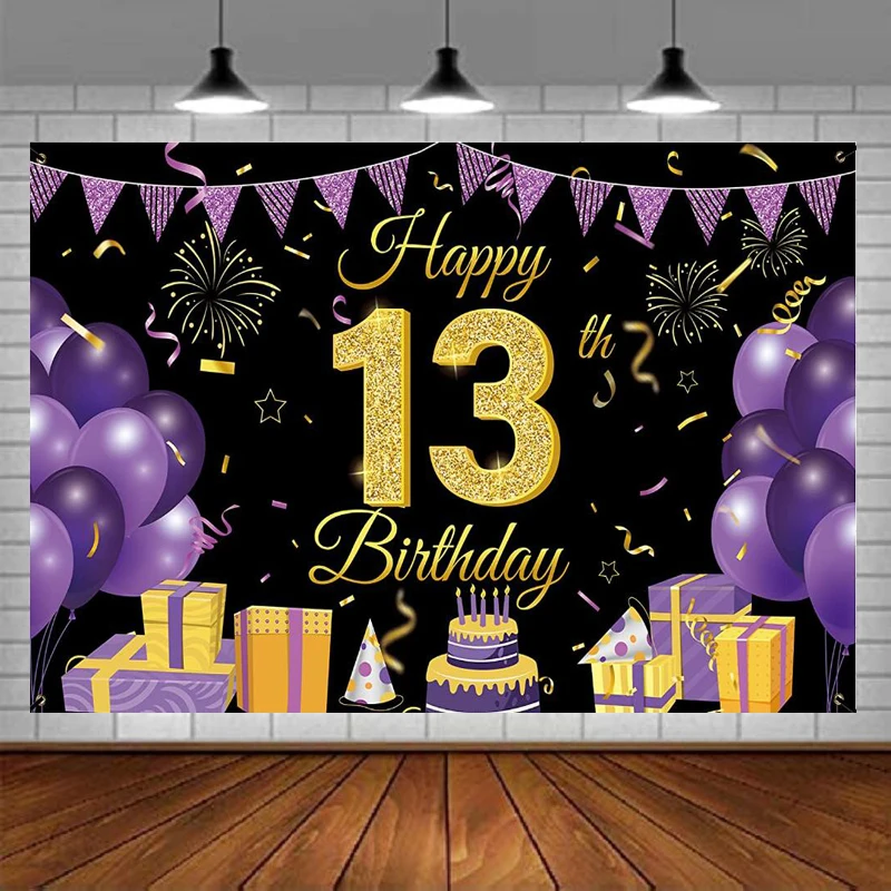 

Purple And Black Backdrop Happy 13 Years Old 13th Birthday Boys Girls Banner Decorations Party Supplies Sign Poster Background