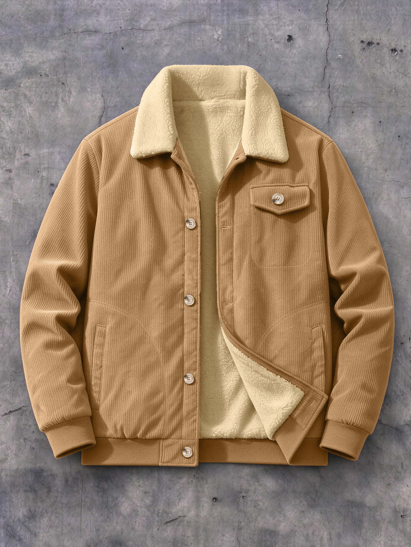 Men Corduroy Jacket Thick Sherpa Lined Warm Lapel Collar Button Down Coat Rib Cuff Vintage Casual Winter Outerwear Khaki
