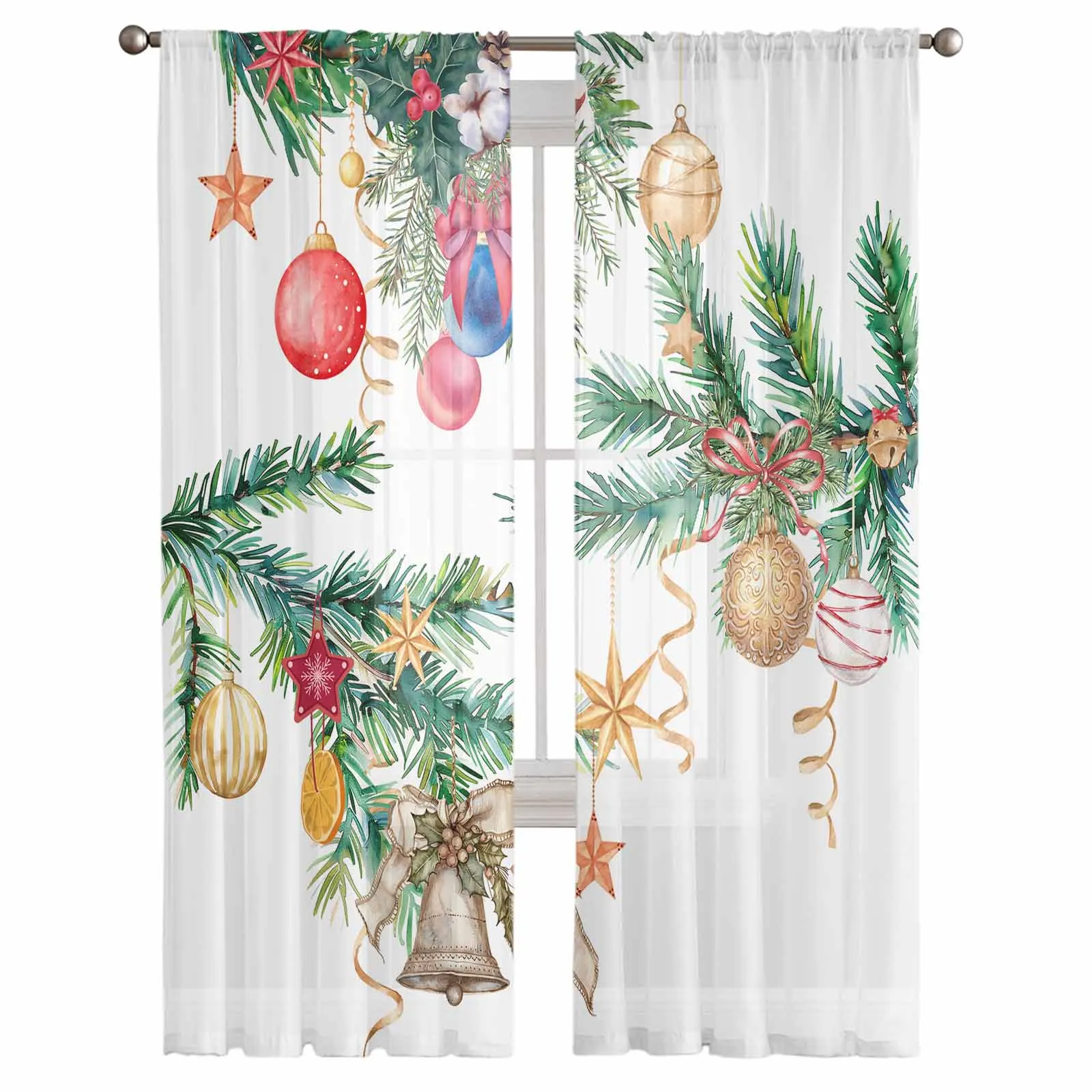 Christmas Pine Tree Lantern Star Ribbon Window Treatment Tulle Modern Sheer Curtains for Kitchen Living Room Curtains Decor