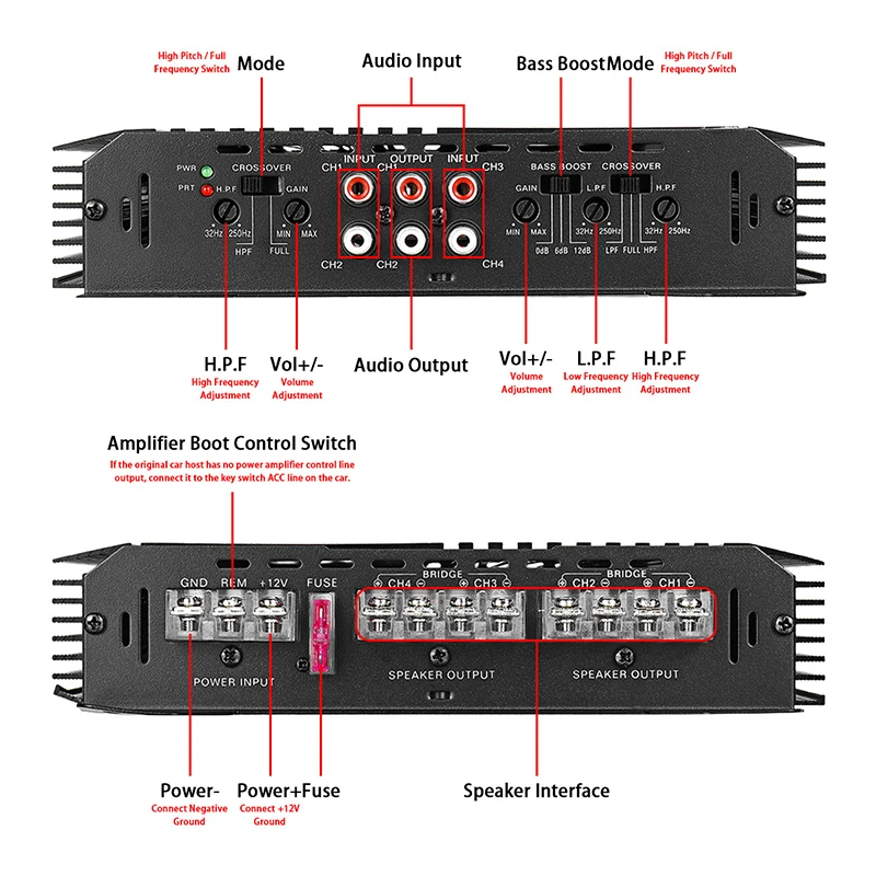 9900W Car Audio Modification High-Power Four Way Amplifier High-Power Aluminum Alloy Amplifier 4-Channel