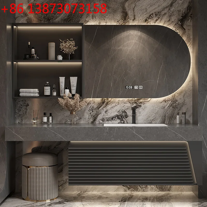 Oak bathroom cabinet combination Bulgari slate seamless hand wash basin dresser integrated bathroom washstand