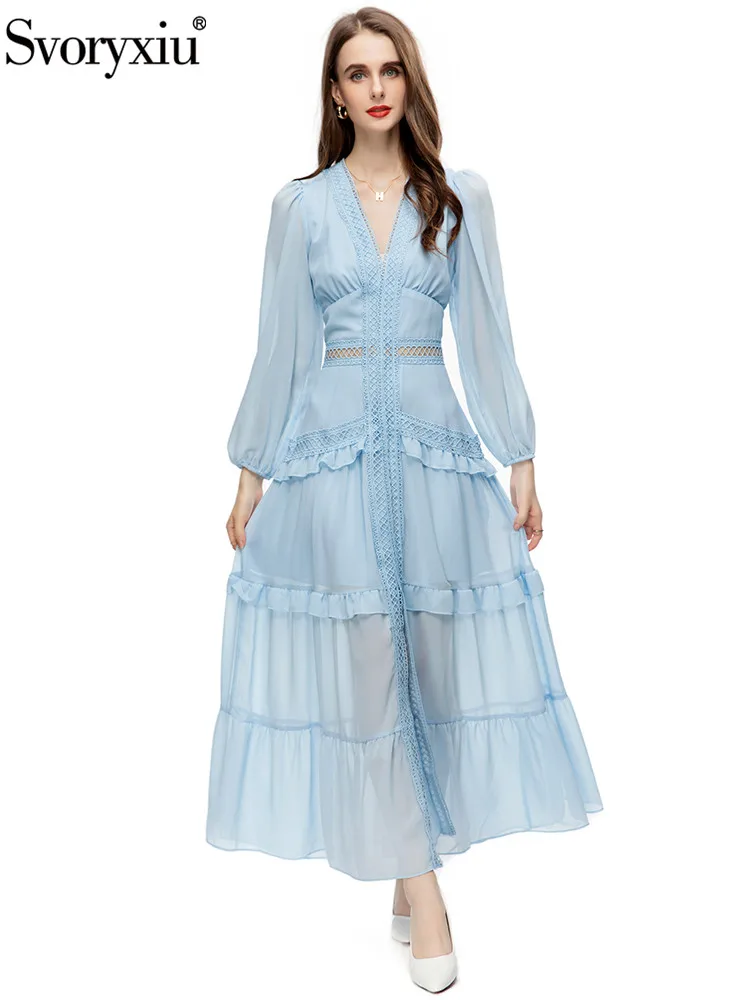 

Svoryxiu New Runway Designer Spring Vintage Sky Blue Color Ankle-Length Dress Women's Lantern Sleeve Ruffles High Waist Dress