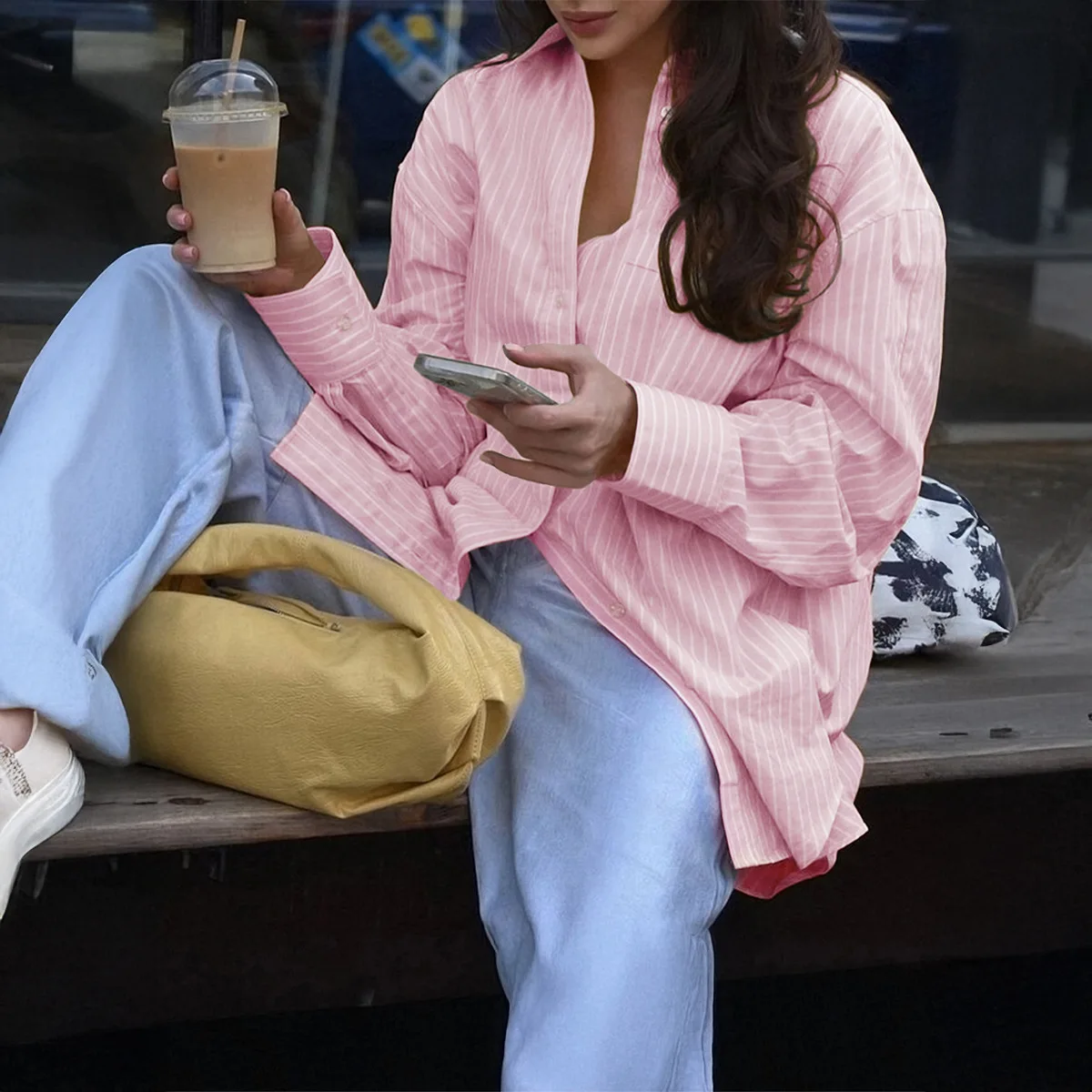 2025年秋 レディース エレガント ストライプ 長袖 カジュアルシャツ 女性用 ラペル シングルブレスト ルーズ スリム ブラウス トップ ストリートウェア