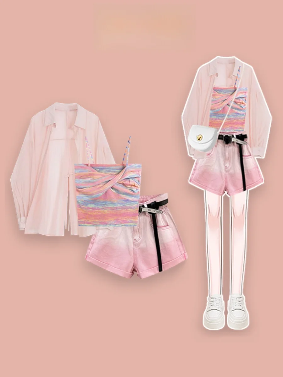 

Розовый комплект Dopne для защиты от солнца, модный повседневный комплект для девушек, женский летний костюм 2024 года в корейском стиле, комплект из двух предметов маленького размера